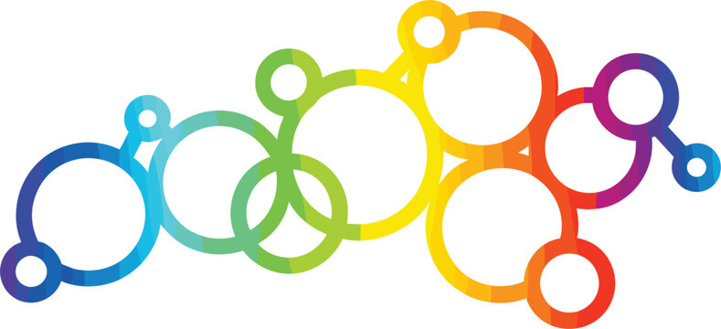 Colorful rainbow gradient connected circles abstract molecular structure background banner tech network communication vector graphic template