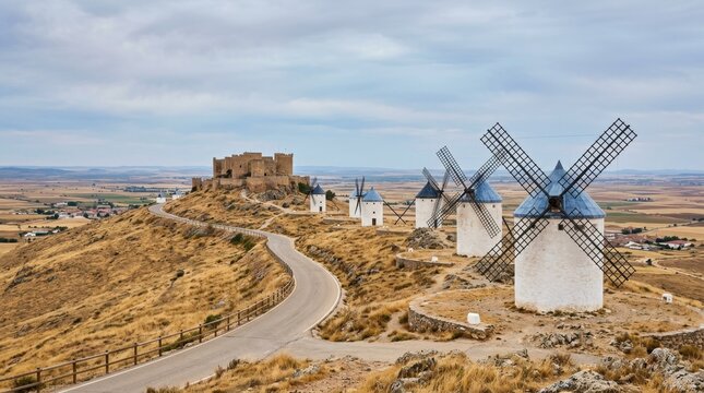 Historic white windmills and ancient castle on a dry hillside under a cloudy sky, Castilla La Mancha, Spain.
