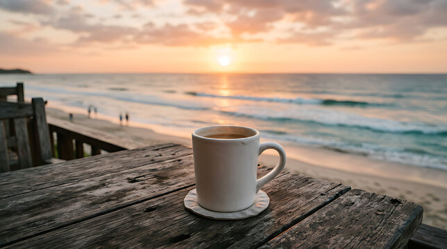 Serene ocean sunset view with a steaming coffee mug on a rustic wooden table overlooking the shoreline