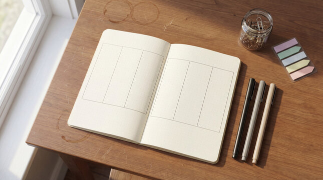 Open dotted planner notebook with blank column layouts pens sticky markers paper clips on wooden desk near window suggesting weekly schedule productivity planning tidy workspace goal setting