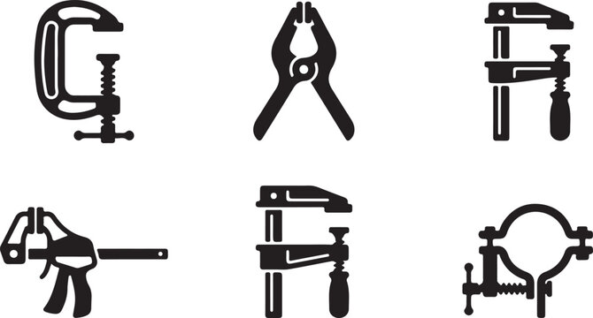 Six types of black and white clamp tools icon set Vector