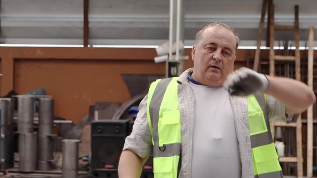 Elderly engineer supervisor with safety vest and gloves feels exhausted during working at factory. Tried senior industrial foreman take off helmet, wiping sweat off forehead at manufacturing factory.