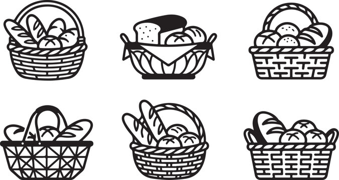 Assorted baskets filled with fresh baked bread and rolls Vector