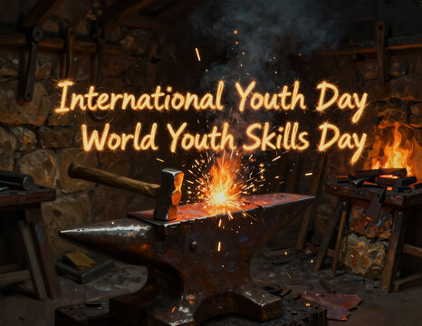 Sparks flying from anvil in blacksmith forge with glowing international youth day and world youth skills day text in sky celebrating manual labor traditional crafts and vocational training heritage.