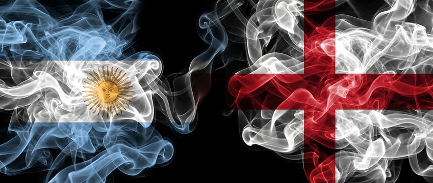 Argentina flag smoke and england flag smoke abstract art on black background dynamic concept high quality digital illustration.