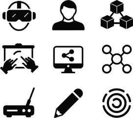 Fototapeta premium Digital technology black solid glyph icons set with virtual reality headset network connection network router symbol elements