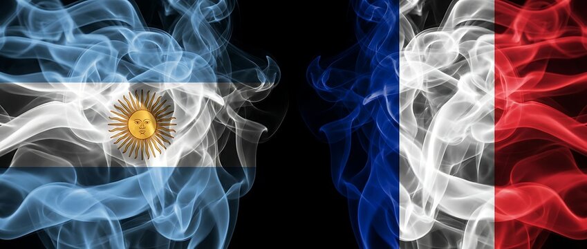 Argentina flag smoke and france flag smoke abstract art on black background dynamic concept high quality digital illustration.