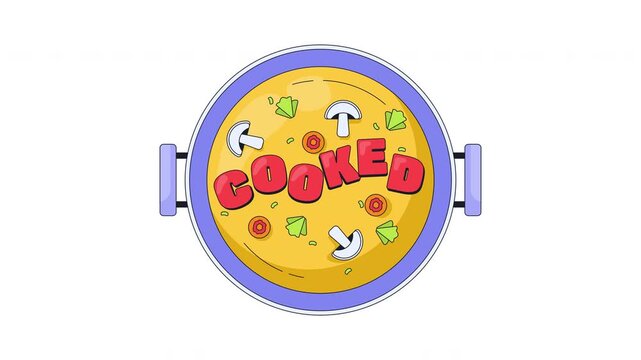 Cooked internet reaction 2D animation. Failure and defeat. Top view soup pot. Viral joke. Deep trouble. Relatable ironic humor with food. Gen z slang word animated overlay. Cartoon motion graphic