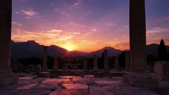 Ancient Ruins and Mountain Sunset - Ancient columns and stone stairs frame a breathtaking sunset over distant mountains.