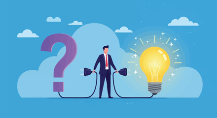 Businessman holding electrical plugs connecting question mark symbol with glowing light bulb idea representing problem solving innovation and creative logic. © sjeixh