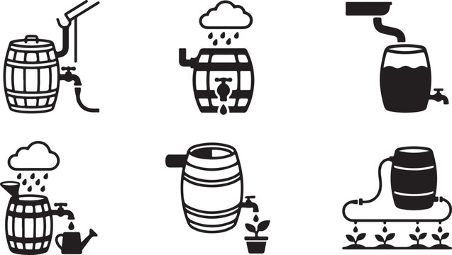 Six black and white icons showing beer brewing and fermentation process Vector