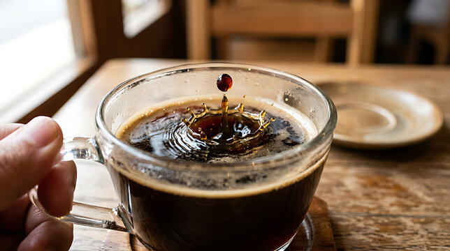 Close-up of a glass cup filled with dark freshly brewed coffee on a wooden table capturing rich aroma and inviting warmth