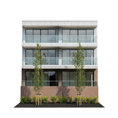 Fototapeta premium A contemporary three story residential building facade with balcony glass railings and brick