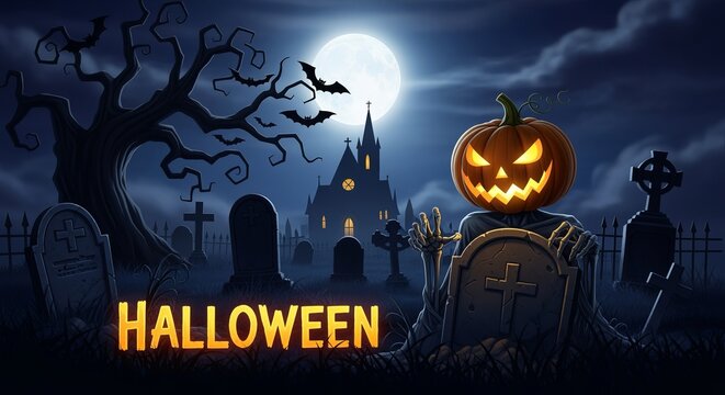 Spooky halloween scene  pumpkin zombie emerges from graveyard under full moon with bats in trees