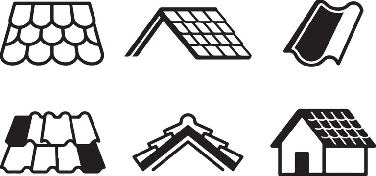 Six different types of house roof designs in black and white vector style Vector