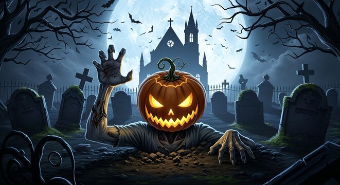 Spooky pumpkin zombie emerges from graveyard under full moon with bats for halloween event banner