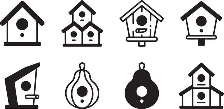 Set of eight different birdhouse icons in black and white vector style Vector
