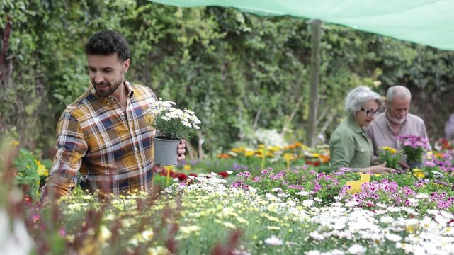 In flower shop, customer with margarita flower in hands became interested in product. Wholesale and retail sale of ornamental plants for planting in open ground, landscaping of household plot