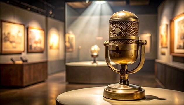 Vintage brass microphone with antique mesh grille on pivot stand