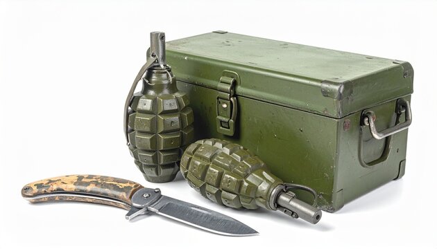 Ammunition box, hand grenade, combat knife on white background