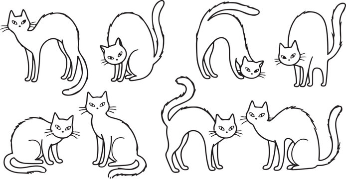 A set of seven black and white line of cats in various poses, including arched backs, sitting, and pouncing positions