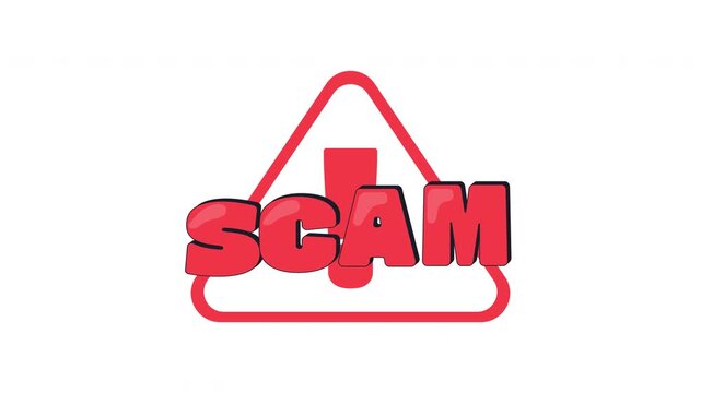 Scam warning internet reaction 2D animation. Fraud awareness. Online security threat. Phishing attempt. Triangle with exclamation mark. Gen z slang word animated overlay. Cartoon motion graphic