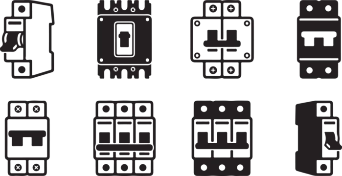 Assorted electrical circuit breakers and contactors illustration Vector