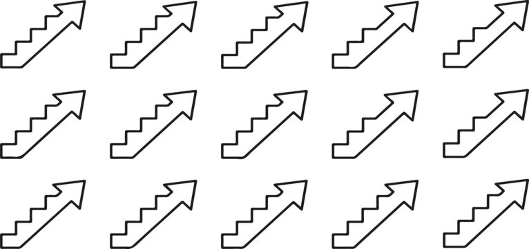 A repeating pattern of fifteen black and white line showing arrows shaped like stairs moving upward on a plain white background