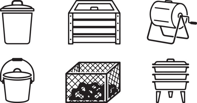 Six types of compost bins and waste containers vector illustration Vector