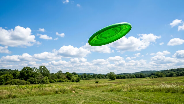 A vibrant green frisbee soaring through a cloudy blue sky over a grassy field