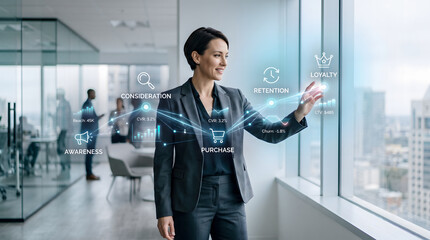 Fototapeta premium Executive interacting with a transparent customer journey interface illustrating awareness, engagement and retention through modern digital marketing technology in a clean corporate environment