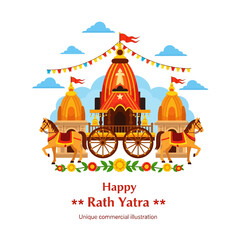 Fototapeta premium Rath Yatra Festival Chariot with Horses and Temple Domes, Indian Culture Illustration