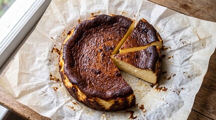 Obraz premium Delicious Basque burnt cheesecake with a dark caramelized top and creamy interior, served on parchment paper