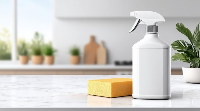 Photorealistic cleaning scene with a spray bottle and sponge on a spotless kitchen countertop. Sunlight fills the tidy, modern space with fresh reflections.