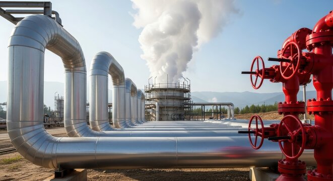 Geothermal power plant releasing steam from industrial pipes and turbines against a bright blue sky and distant mountains
