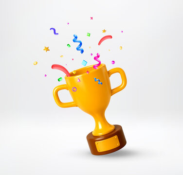 Golden trophy cup with colorful confetti explosion. 3D rendered illustration of award for winner and achievement celebration. Competition success concept with bright festive elements.
