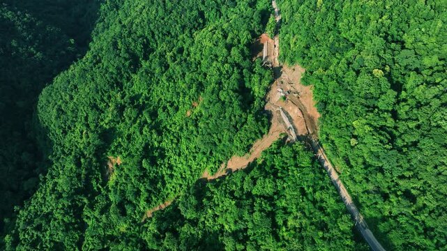 Mountain Road Covered by Landslide in Dense Tropical Forest, Drone View