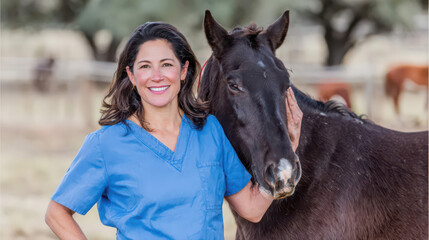 Fototapeta premium A female veterinarian in blue scrubs gently smiles beside a horse on a sunny farm. Warm sunlight and a soft bokeh background create a peaceful, realistic rural scene.