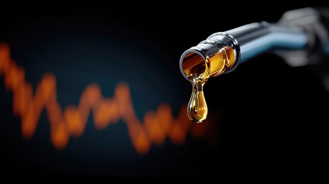A macro shot of a fuel nozzle with a golden gasoline drop highlights energy market dynamics. Dramatic lighting and financial chart lines create an impactful, modern scene.