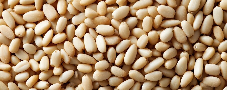 Ultra wide macro photo of pine nuts displays a dense, smooth texture and soft directional light. Modern food styling highlights the natural detail and freshness of these seeds.