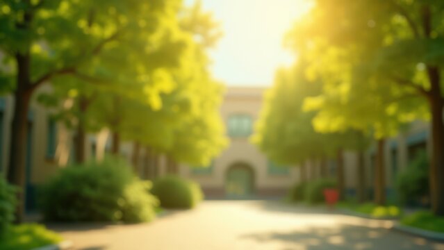 sun drenched natural schoolyard background with soft green bokeh leaves ideal for optimistic educational marketing overlay space
