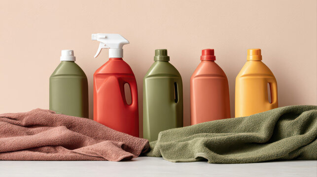 Brightly colored cleaning bottles and towels in a minimal lineup create a fresh, modern look. Pastel background adds a clean, contemporary commercial vibe.