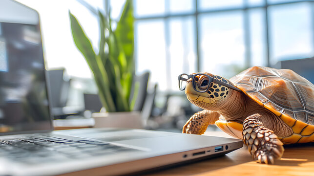 Cute turtle wearing eyeglasses working beside a laptop in a contemporary office, playful business workspace and productivity concept
