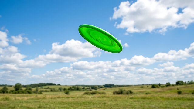 Vibrant green frisbee in mid-flight over a grassy field on a bright, cloudy day