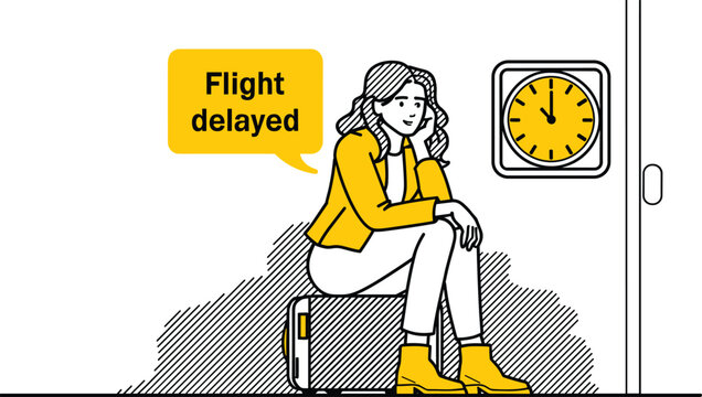 Frustrated woman sitting on suitcase at airport terminal waiting due to flight delayed announcement vector concept illustration
