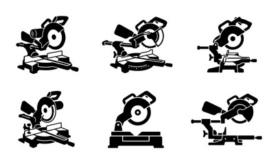 Obraz premium Miter Saw Icons Set, Precision Cutting Tools Vector Graphics, Woodworking Equipment Silhouettes