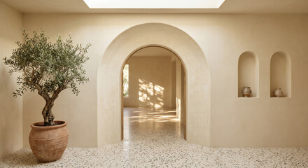 Fototapeta premium Curved Arched Doorway with Warm Plaster Walls Terrazzo Floor and Potted Olive Tree