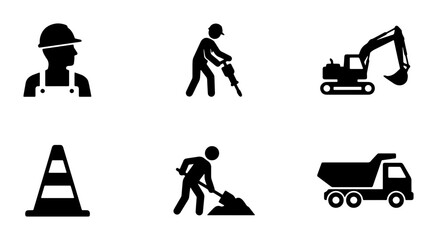 Construction Icons Set: Worker, Jackhammer, Excavator, Traffic Cone, Shoveling, Dump Truck © Anik
