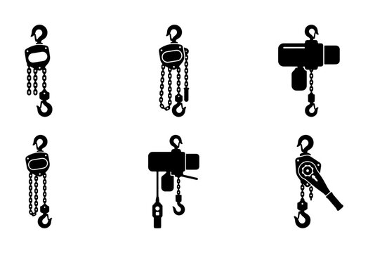 Industrial Chain Hoist Icons Set, Heavy Duty Lifting Equipment Vector Graphics, Mechanical Pulley Systems Collection
