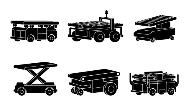 Industrial AGV Icons, Automated Guided Vehicle Set, Warehouse Logistics Robots, Black and White Vector Collection